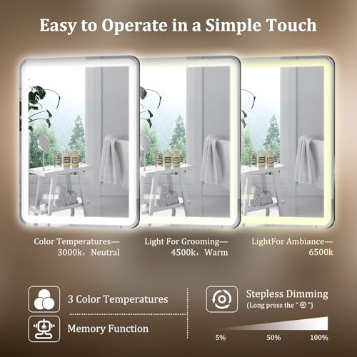 24"X32" LED Bathroom Mirror with Lights, Mirror for Bathroom Wall with Frontlit and Backlit,IP54 Enhanced Anti-Fog,Bathroom Vanity Mirror 3 Colors Dimmable CRI>90 Double Lights,Tempered Glass(R-Angle) by HABIUBIU - Image 4