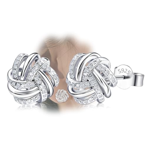 14K White Gold Plated Stud Earrings | 925 Sterling Silver Post CZ Hypoallergenic Earrings Hollow Love Knot Cubic Zirconia Earrings for Women