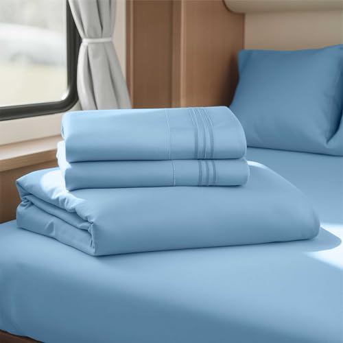 Nestl Blue Heaven Short Queen Sheets for RV, Hotel Luxury RV Queen Sheets Set, 4 Piece Fitted Bed Sheet Set and Pillowcases, Super Soft, Wrinkle-Free, and Breathable Camper Bedding