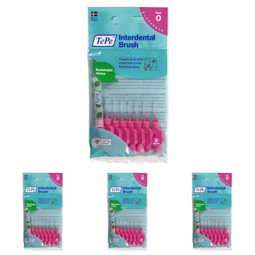 TePe Interdentalbürsten Original – einfache Reinigung der Zahnzwischenräume – 1 x 8 Aufsteckbürsten – Durchmesser 0,4 mm – Rosa (Packung mit 4)