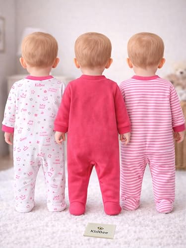 Image of Kidbee Baby Boys & Girls Full Sleeves Cotton Footed Romper Sleepsuit Pack of 3