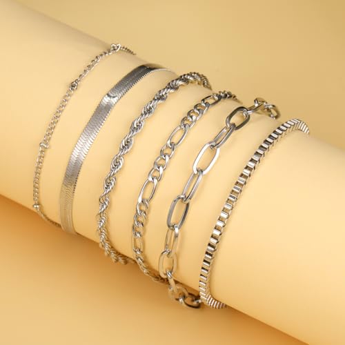 Image of Shining Diva Fashion Gold Plated Bracelet Set for Women & Girls | Set of 6 Trendy Chain Bracelets | Adjustable Layered Bracelet Combo for Daily Wear, Party, Office & Gifting