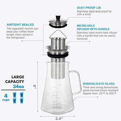 Aquach Airtight Cold Brew Iced Coffee Maker 34Oz/1L, Bpa-Free, Thick Borosilicate Glass Carafe With Double Fine Mesh Removable Filter, Dishwasher Safe, Rustproof, 5 Cups Capacity #TOP7