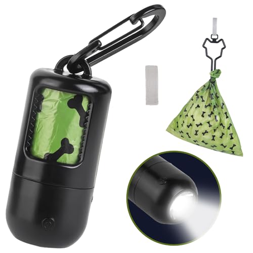 PetIsay LED Dog Poop Bag Dispenser with USB-C Rechargeable Flashlight, Includes 1 Roll Extra Thick Bags, Clip & Holder - Leash, Collar, Harness Accessory(Black)