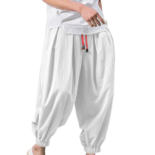 Mens Cotton Linen Pants Drawstring Baggy Harem Pants Elastic Waist Wide Leg Trousers Summer Breathable Yoga Trousers3
