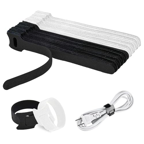LINXINS 60PCS Reusable Cable Ties, 15 * 12 cm Black&White Cable Ties, Hook and Loop Straps, Adjustable Long Cable Ties, Ideal for Headphones Phones Electronics Under Desk - Cable Organiser