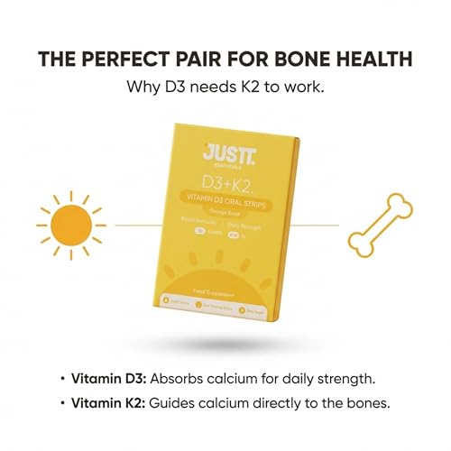 Image of Justt Essentials D3+K2 Vitamin D3 Oral Strips, 600 IU, Orange Burst Flavour, Fast Dissolving, Sugar-Free, 30 Strips
