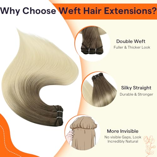 Image of Full Shine Weft Hair Extensions Human Hair 12 Inch 70G Balayage Hair Weft | Ash Brown To Platinum Blonde, Remy Straight Hair Weft, Sew In Extensions, Daily Wear For Women, add volume