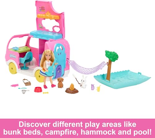 Image of Barbie Camper, Chelsea 2-in-1 Playset with Small Doll, 2 Pets & 15 Accessories, Vehicle Transforms into Camp Site