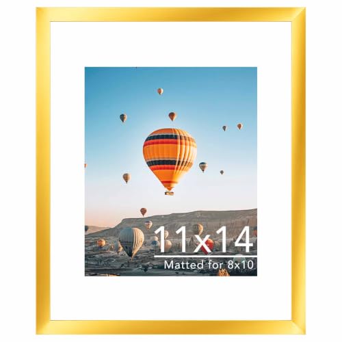 Image of JCJMY 11x14 Picture Frame with 8x10 Mat, Display Photo 8x10 with Mat or 11 x 14 Without Mat, Wall Hanging Large Frame with Shatter Resistant Plexiglass, Gold
