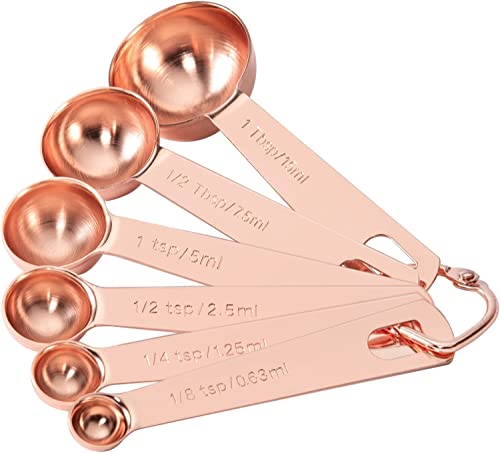 Tablespoons Teaspoons Measure Spoon Set Of 6, Copper Plated Metal Measuring Spoons For Measuring Dry Or Liquid Ingredients Spice For Kitchen Baking Cooking, Rose Gold Measuring Scoops Gift Set #TOP6