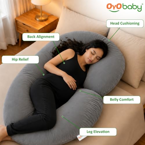 Image of OYO BABY Maternity Pillows for Pregnant Women with Washable Premium Velvet Cover| Maternity Pillow with Removable Cover | Pregnancy Pillows for Sleeping | C-Shaped Maternity Pillow (Grey Color)
