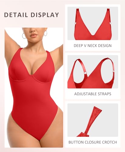 Image of FeelinGirl Bodysuits for Women Tummy Control Thong Shapewear Body Suit Sexy Deep V Neck Corset Tops for Women
