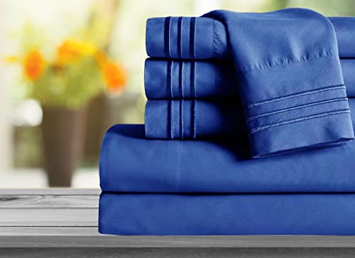 Image of Mocassi Bed Sheet Set - Luxury Hotel 1800 Premier Bedding Sheets & Pillowcases - Ultra Soft Breathable & Cooling Bed Sheets - Deep Pocket - Wrinkle Resistant - 6 Piece - Cali King, Imperial Blue