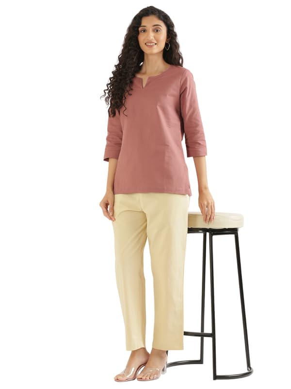 Image of SAADAA Cotton Straight Pants for Women | Breathable Everyday Wear Trousers | Drawstring, Deep Pockets & Elastic Waistband | Casual & Comfortable Fit