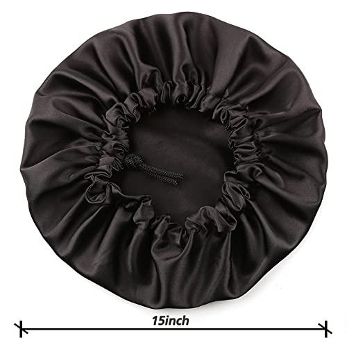 Image of Extra Large Adjustable Double Layer Satin Hair Bonnets with Drawstring for Women Night Sleeping Long Silky Satin