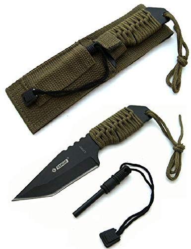 KS-11 Taktisches Survival Messer mit Feuerstein/Zündstein/Holster/Fallschirmleine für Outdoor Camping Jagd/Angeln als Hunting Knife Fahrtenmesser – Klingenlänge 8 cm