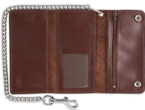 Image of RFID Blocking Men's Tri-fold Vintage Long Style cow Leather With Chain card holder Wallet,MADE IN USA