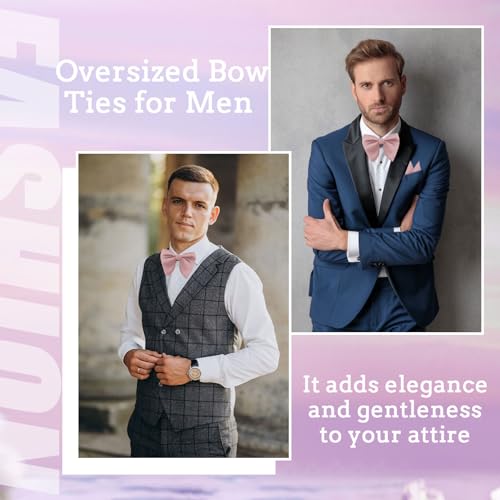 Image of Oversized Bow Ties for Men, Pre-Tied Bow Tie and Handkerchief with Pocket Square Holder Set for Wedding Party Daily