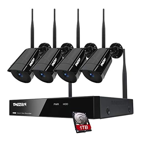 TMEZON Wireless Security Camera System, CCTV Camera System With Audio, 8CH NVR with 4 x1080P Outdoor Wifi Camera, Audio Record,Remote Access, Motion Detection, With 1TB HDD Cover