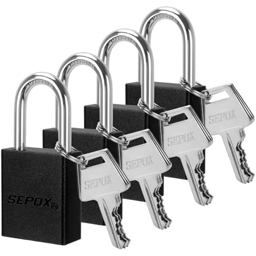 Image of SEPOX 4-Pack Heavy Duty Anti-Rust Padlocks - 1-1 /2 inch (38mm) Aluminum Body, Long Shackle, Keyed Alike (6 Keys Total) - Black