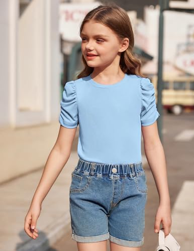 Image of Arshiner Girls Puff Short Sleeve Shirts Summer Ribbed Knit Crewneck T Shirt Tops Tee Blouse