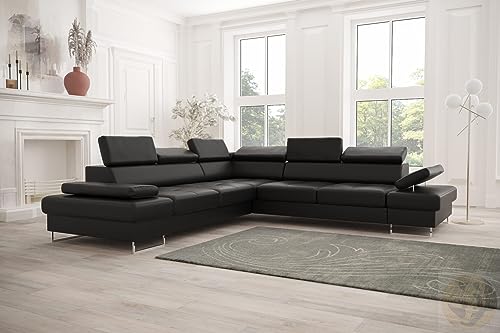 FRIDERIK-EU - Ledersofa, Ecksofa mit schlaffunktion [ Rechts - SCHWARZ ] Eckcouch mit schlaffunktion, Wohnzimmer Sofa, Eckcouch, Wohnzimmer Möbel, Sofas & Couches, Couch