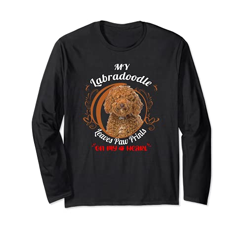 Labradoodle Dog Owner Design Paw Prints On My Heart Long Sleeve T-Shirt, Black