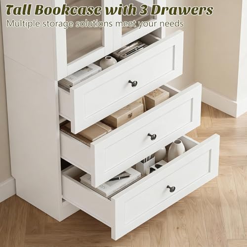 Image of Cyclysio 80 inch Tall Pantry Cabinet for Kitchen Storage, White Pantry Cabinet with Glass Doors & 3 Drawers - Freestanding Storage Bookcase with Built-in Baseboard Notch for Dining, Living Room