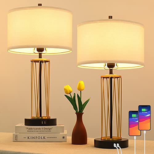 Touch Control Bedside Table Lamps Set of 2 for Bedroom 3-Way Dimmable Modern Nightstand Black Reading Desk Lamps with 2 USB Ports Fabric Shades Gold Accent for Hotel Living Room LED Bulbs Included