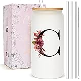 Personalized Gifts for Women, Monogrammed Frosted Glass Tumbler with Straw and Lid, Cute Customized Mug...
