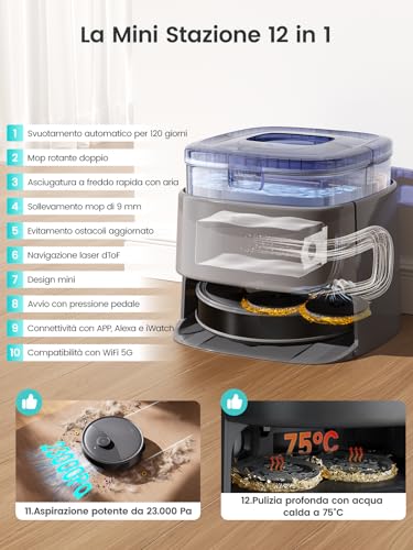 Lefant M3 Ultra Robot Aspirapolvere Lavapavimenti con Mappatura, 23000Pa, Laser dToF, Evitamento PSD, Mop Rotanti con Lavaggio a 75°C e Asciugatura, Autosvuotamento 3,2L, WiFi 2.4G/5G, Alexa/App - Immagine 1