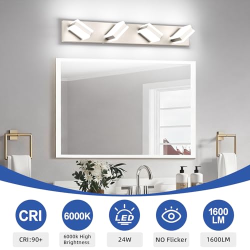 Image of SOLFART Bathroom Vanity Lights Brushed Nickel LED Lighting, LED Bathroom Light for Bath, 4 Light Vanity Lighting Above Mirror Cool Light 6000K