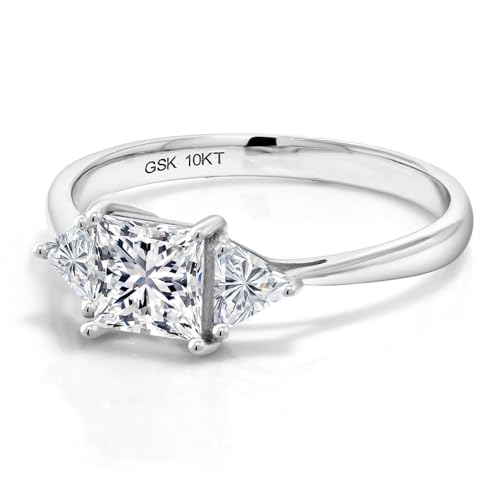 Gem Stone King 10K White Gold Lab Grown Diamond 3 Stone Engagement Ring For Women | 1.00 Cttw | Princess 5MM and Trillion 3.5MM | 3 Stone Wedding Anniversary Gold Ring3