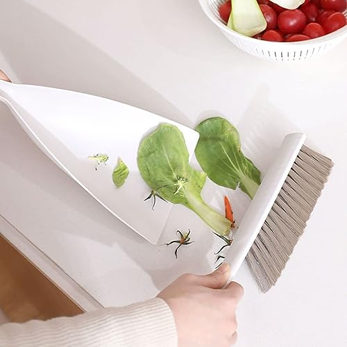 Mini conjunto de vassoura e pá de lixo, escova de limpeza de mesa de plástico com pá branca portátil