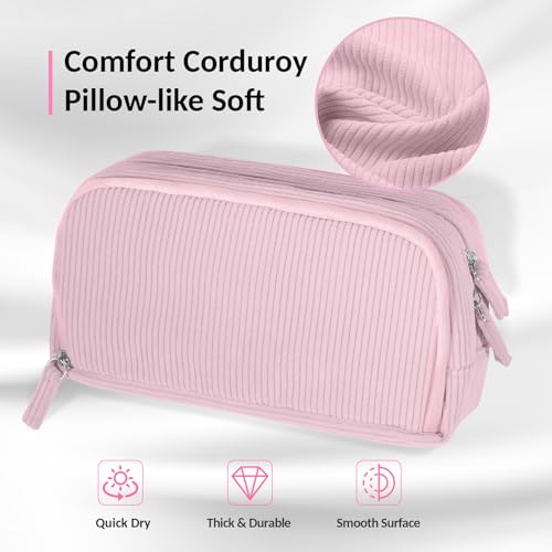 Image of Sooez Big Capacity Pencil Case Pen Pouch, Soft Corduroy Pencil Bag with 3 Compartment, Multiple Pockets, Sturdy Zipper, Cute School Supplies Pen Bag Organizer For Teen Girls College, Pink