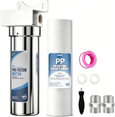 Image of Whole House Water Filter Housing, 304 Stainless Steel, Fits Standard 10 inch x 2.5 inch Sediment Filters, 3 /4 inch Brass Port Pre-Filter System for Well & City Water, Includes Wrench and 1 PP Sediment Filter
