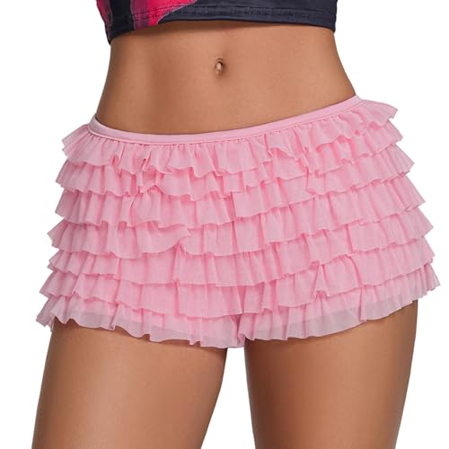 Women Lace Tiered Ruffled Bloomers Shorts Y2k Lolita Fairy Layered Pumpkin Boxer Shorts Party Boy Short Pettipants (Pink S)