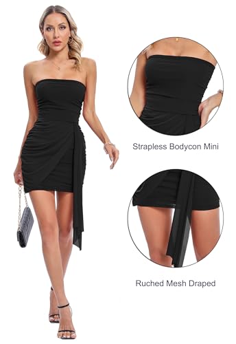 ALENDA DANMOS Women Strapless Bodycon Mini Dress Corset Tube Chic Short Dresses Ruched Mesh Draped Cocktail Party Dress 3094