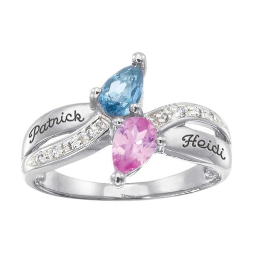 10K 14K 18K Gold Mothers Ring Personalized 2 Name Ring for Women Customized 2 Teardrop-Shaped Birthstones Engrave Any Names Jewelry for Mother’s Day Family Mom Grandma Wife Her2