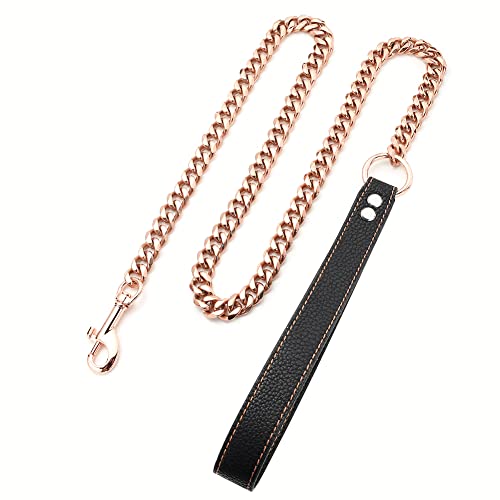 Aiyidi Rose Gold Chain Leash For Dogs, Stainless Steel 11Mm /15Mm Metal Curb Cuban Link Leash For Dog Walking Training, 3Ft 4Ft 5Ft With Genuine Leather Handle, For Small Medium Large Dogs(15Mm, 3Ft) #TOP1