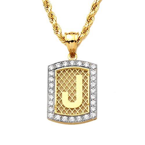 10K Yellow Gold Dog Tag Initials Charm Pendant w/CZ Border (Available from A-Z)