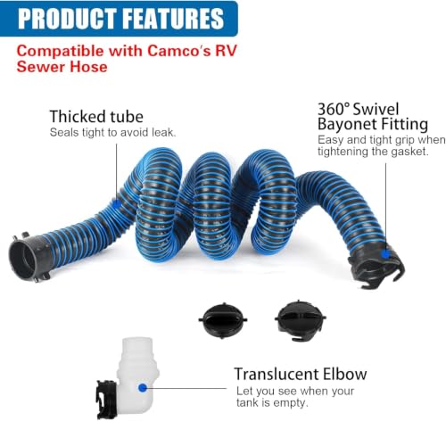 Image of 15FT RV Sewer Hose with Bayonet Fittings and 4-in-1 Adapter Elbow | EXTREME Heavy Duty 24 Mil, TPE Material, Abrasion Resistance and Crush Protection, Blue