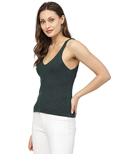 Image of Kalt Women Knitted, Ribbed Cotton Fitted Sleeveless V-Neck Cami Tank Top for Women Stylish