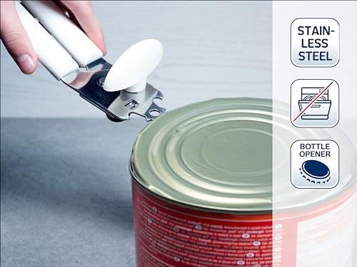 Foto von Leifheit Dosenöffner Exact ComfortLine-Serie, für einfaches Öffnen ohne Kraftaufwand, Deckelöffner mit gehärtetem Schneidrad, Flaschenöffner, mit Kapselheber, weiß