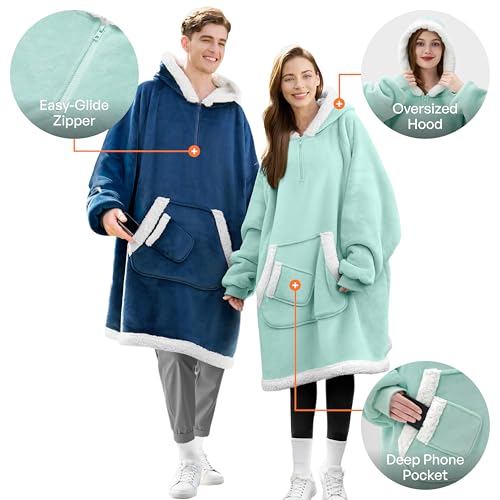 Giggling Getup Wearable Blanket Hoodie for Women Men Gifts for Women Mom Wife Sherpa Fleece Hooded Blanket Sweatshirt Cozy Sherpa Wearable Throw with Pocket & Sleeves for Adult Standard Light Green