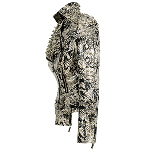 Women's Pu Punk Stud Snake Stripe Jacket Slim Zipper Coat Rivet Faux Leather Motorcycle Outerwear 3 3Xl #TOP3
