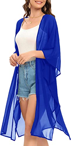 Image of Indian Trendy Women's Solid Puff Sleeve Kimono Long Cardigan Loose Cover Up Casual Blouse Top Chiffon