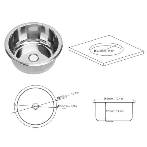 Image of 9 Inch RV Round Sink 5L Capacity Wash Basin 304 Stainless Steel RV Motor Home Sink Flush Mounted with 40mm /1.57in Drain for Rvs,Yachts, Boats, Kitchen