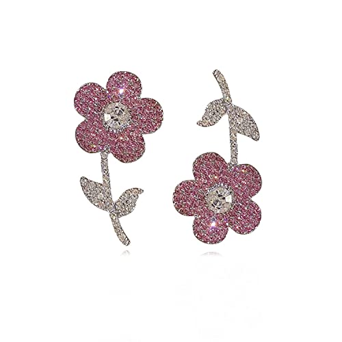 Brincos de flores para mulheres, brincos assimétricos de flor doce e diamante rosa, brincos feminino